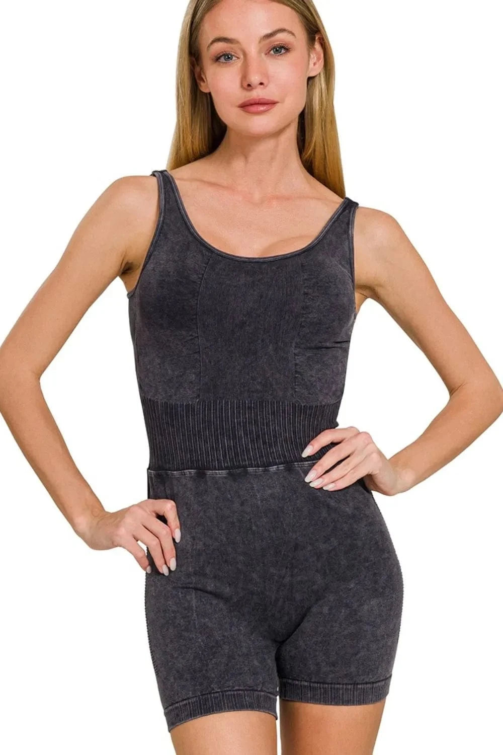 Zenana Washed Sports Romper With Removable Bra Pad - ShalayeFashion