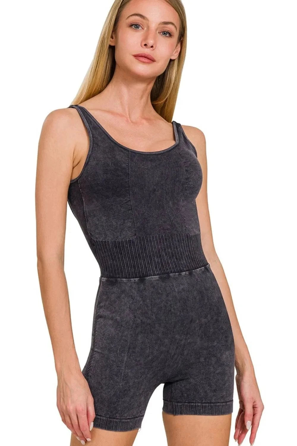 Zenana Washed Sports Romper With Removable Bra Pad - ShalayeFashion