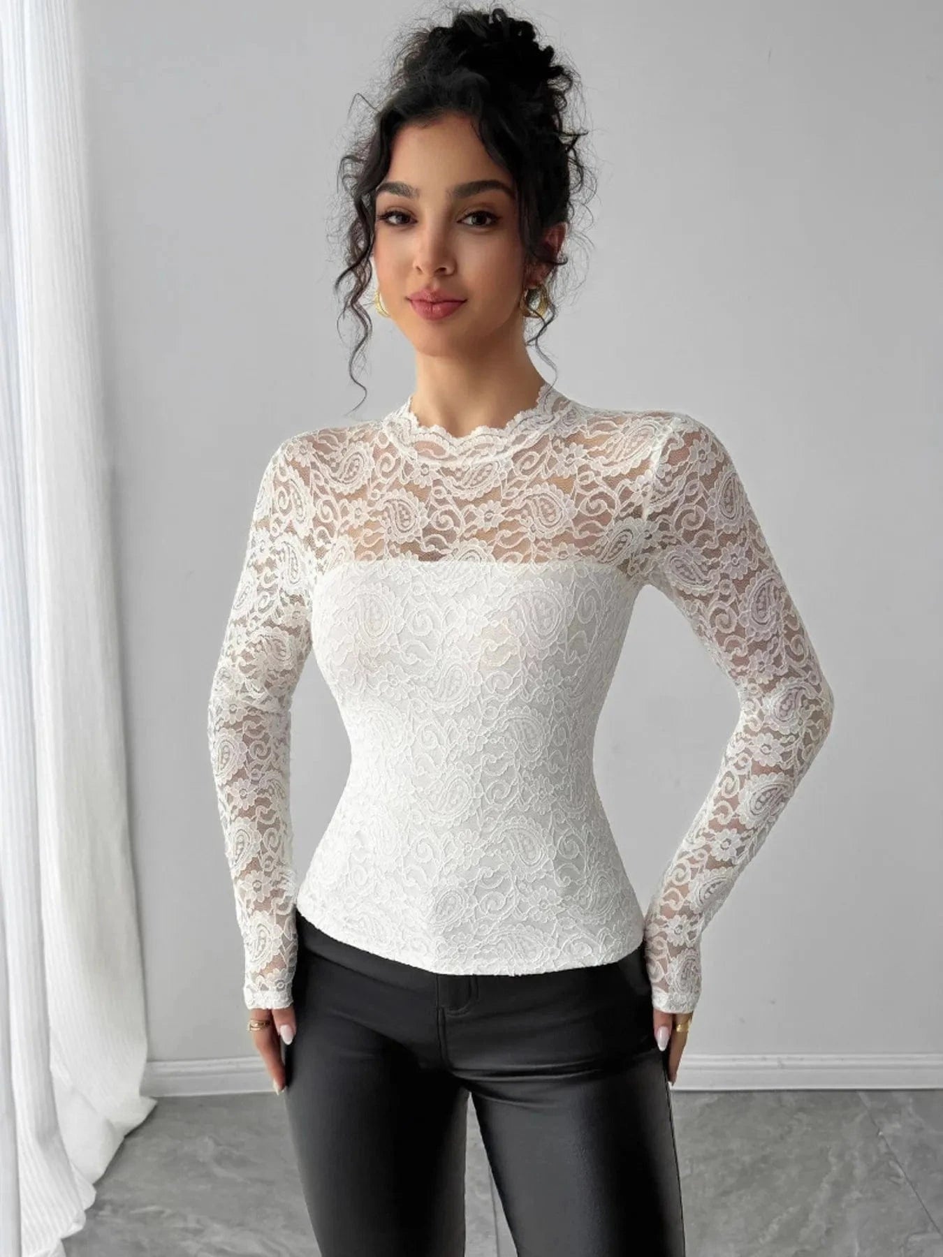 Zip Back Long Sleeve Lace Top - ShalayeFashion