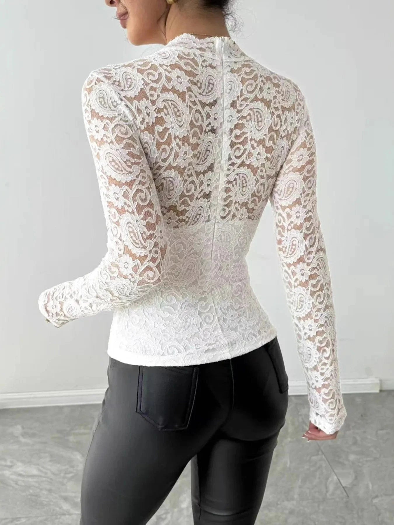 Zip Back Long Sleeve Lace Top - ShalayeFashion
