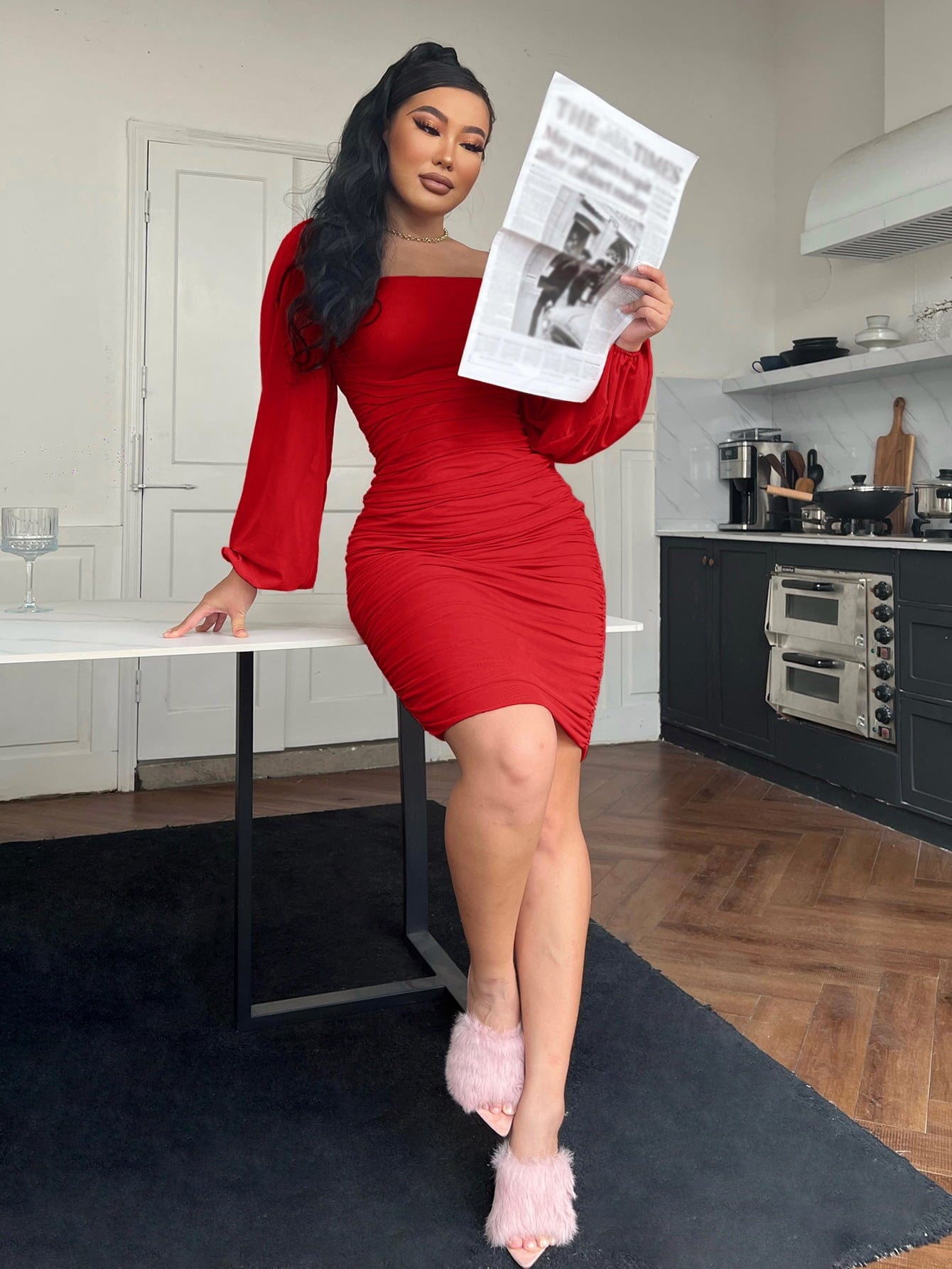 Zip - Back Ruched Bodycon Dress - ShalayeFashion