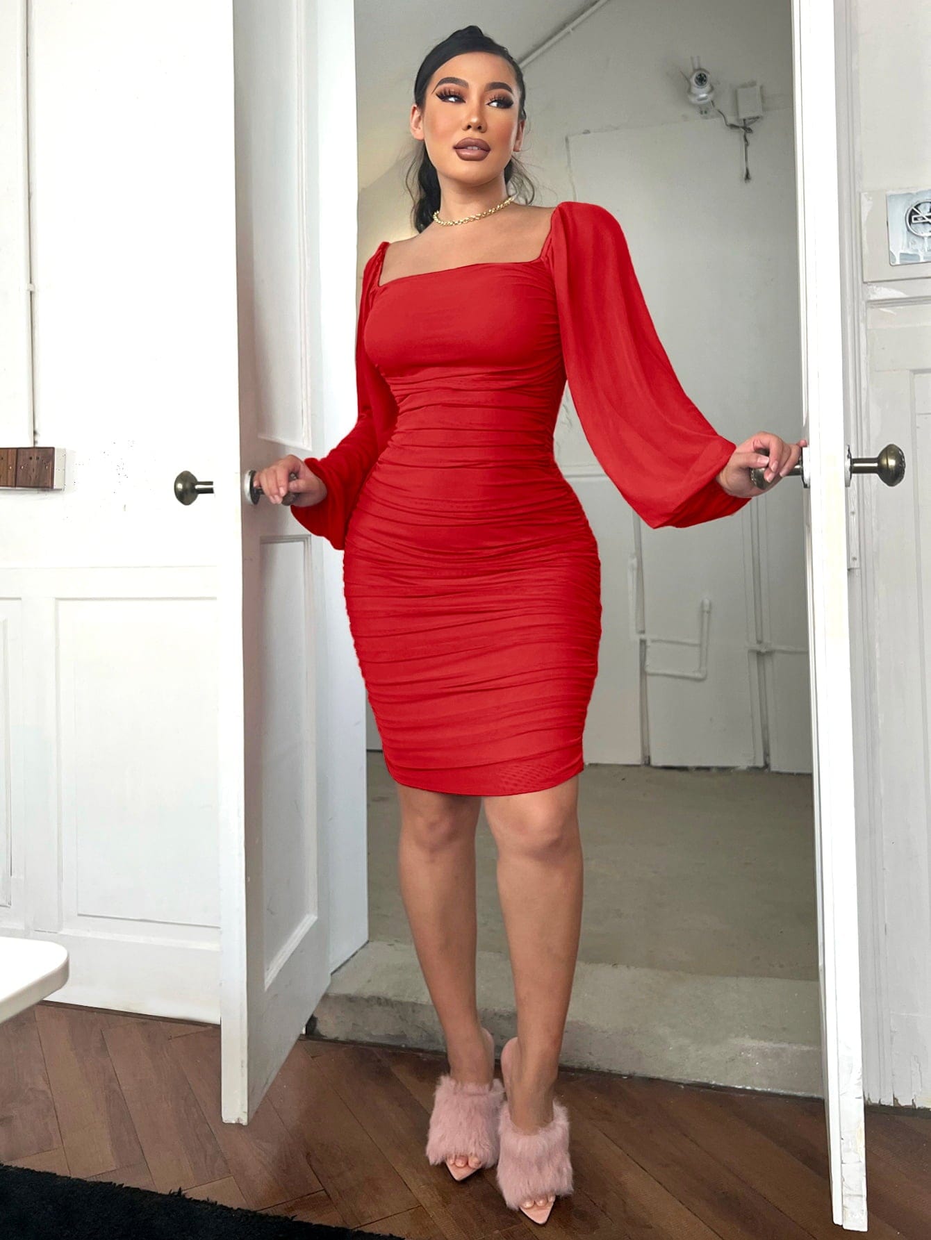 Zip - Back Ruched Bodycon Dress - ShalayeFashion